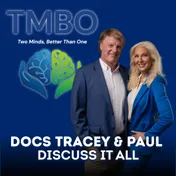 Cover art for Docs Tracey and Paul Discuss It All! showing Dr. Tracey Skale and Dr. Paul Keck with the TMBO brain-and-hands mark